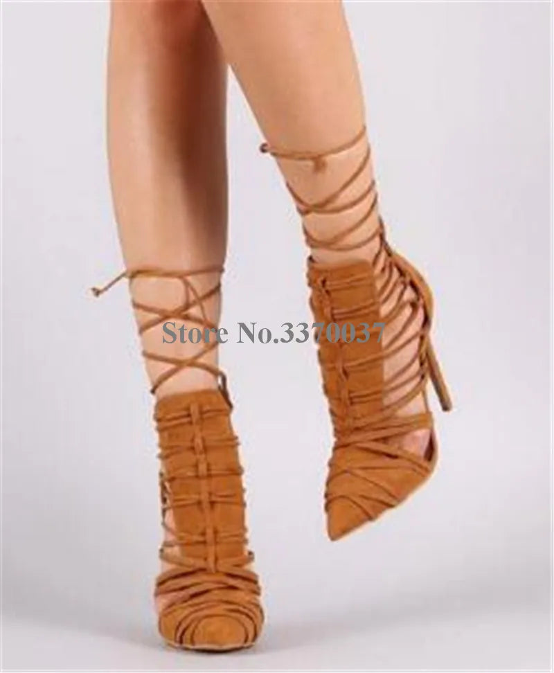 Pointed Toe Suede Lace Up High Heel Dress Pumps For Women