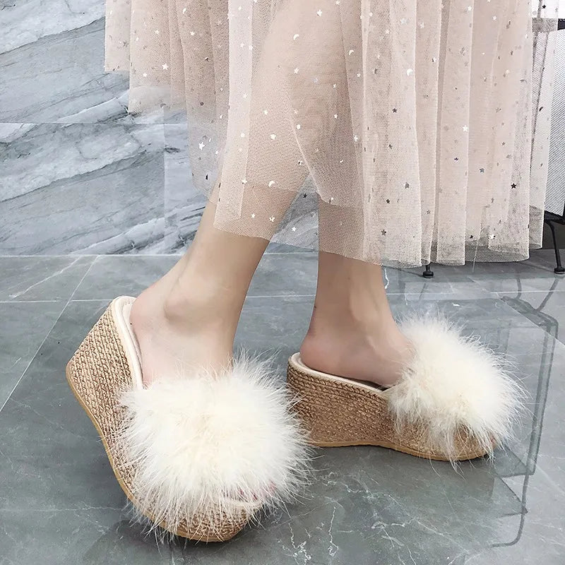 Plush Faux Fur Wedge Slide