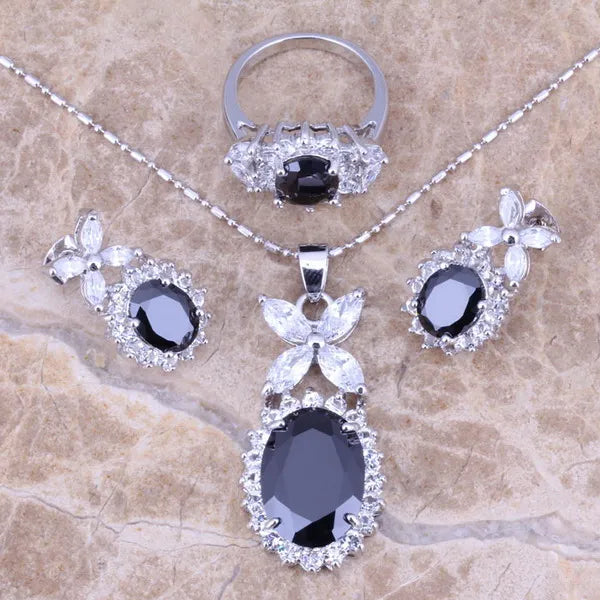 Black Cubic Zirconia Silver Plated Jewelry Set for Women