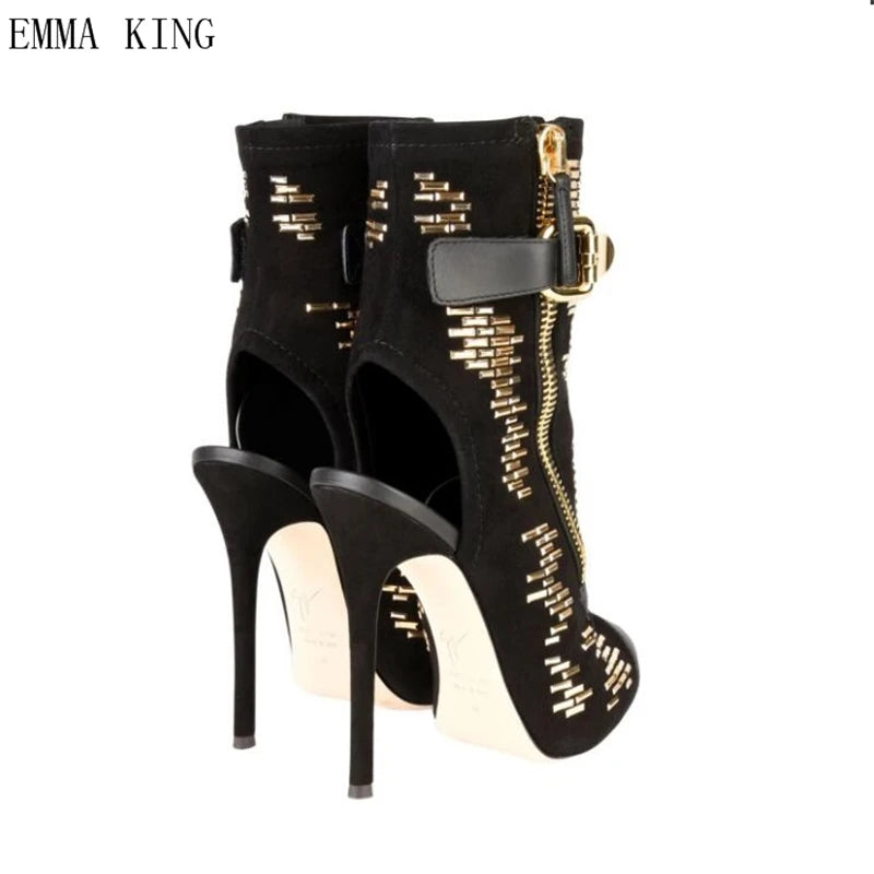 Gleaming Gold Studded Peep Toe Ankle Strap Sandals for Women