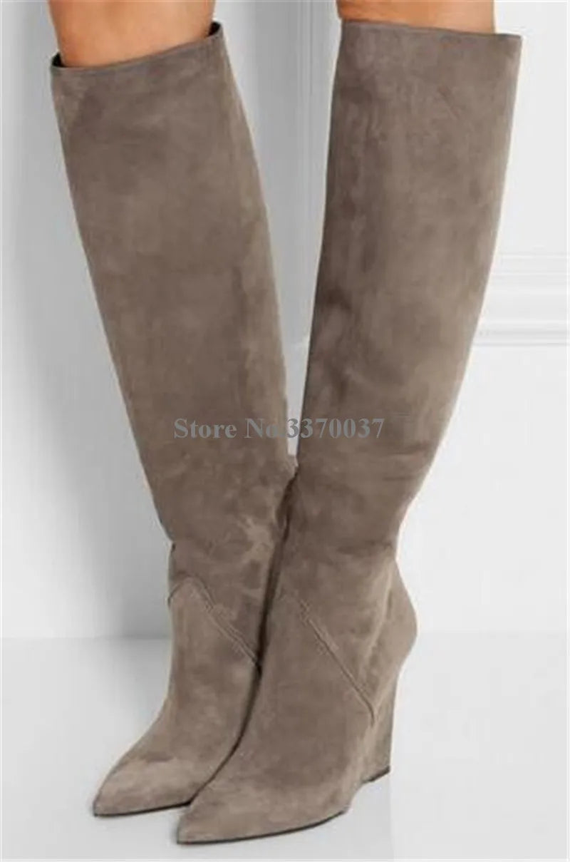 Pointed Toe Suede Winter Knee High Wedge Boots for Women
