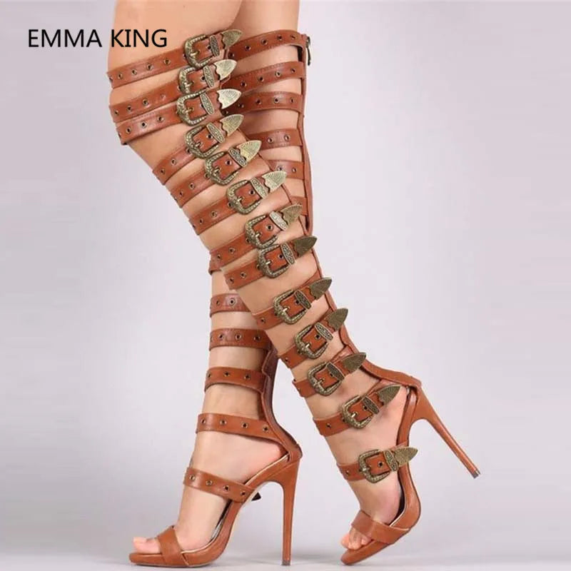 Thigh High Strappy Buckled Gladiator Sandals for Women