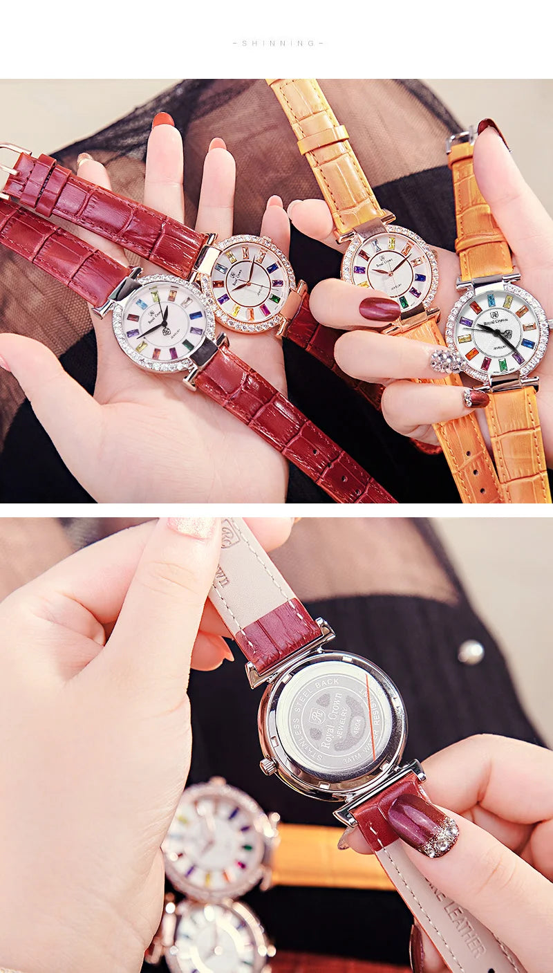 Prong Setting Luxury Clock Lady Women's Watch Fashion Hours Bracelet Colorful Rhinestone Girl Birthday Gift Royal Crown Box