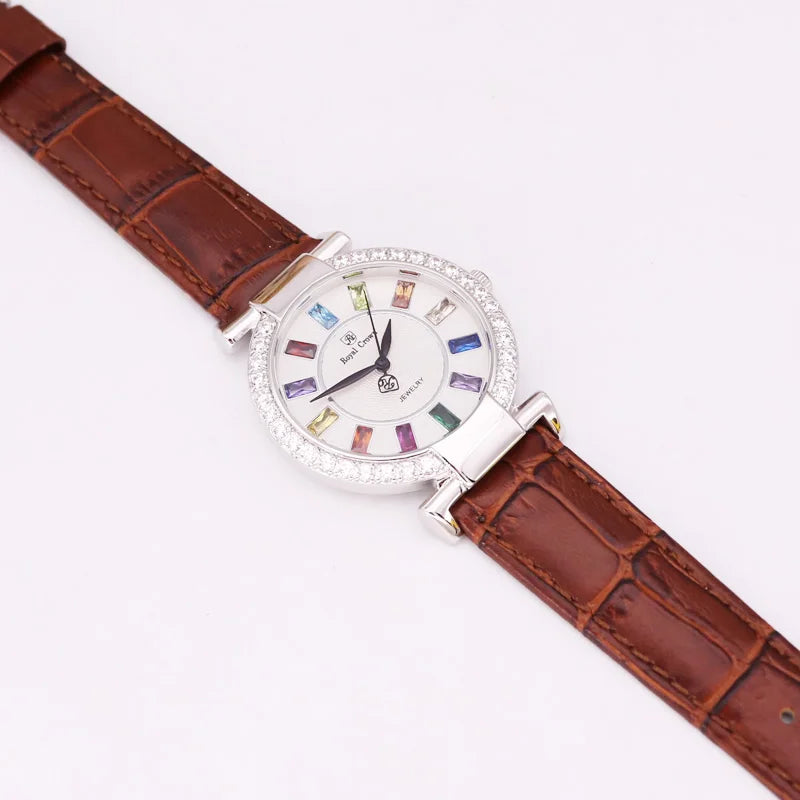 Prong Setting Luxury Clock Lady Women's Watch Fashion Hours Bracelet Colorful Rhinestone Girl Birthday Gift Royal Crown Box
