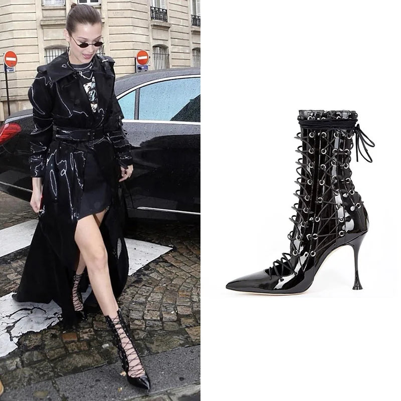 Stylish Black Pointed Toe Lace Up Ankle Boots for Women