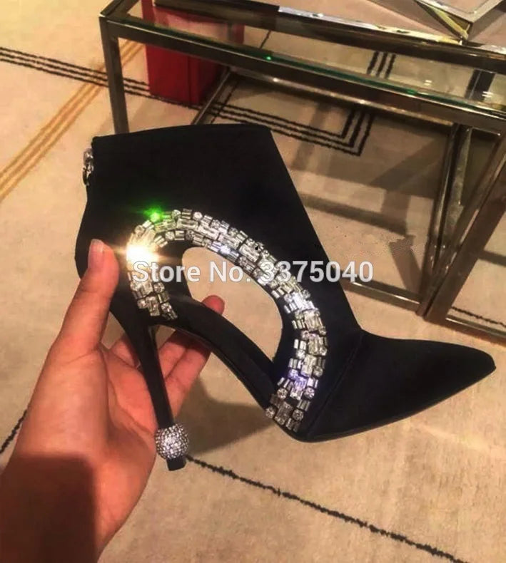 New Black Pointed Toe Women Ankle Boots Hollow Out Rhinestone Summer Boots High Heels Crystal Pointed Toe Black Women Boots
