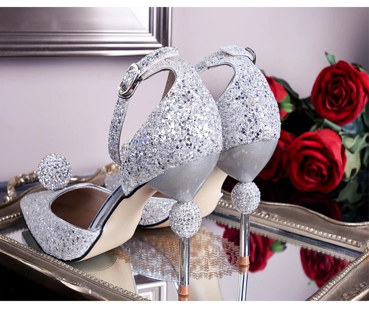 Bridal Crystal Ball Silver Pointed Toe Stiletto Heels For Women