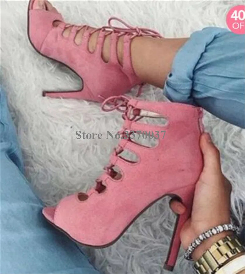 Lace Up Cross Strap Peep Toe Suede Leather Stiletto Pumps for Women