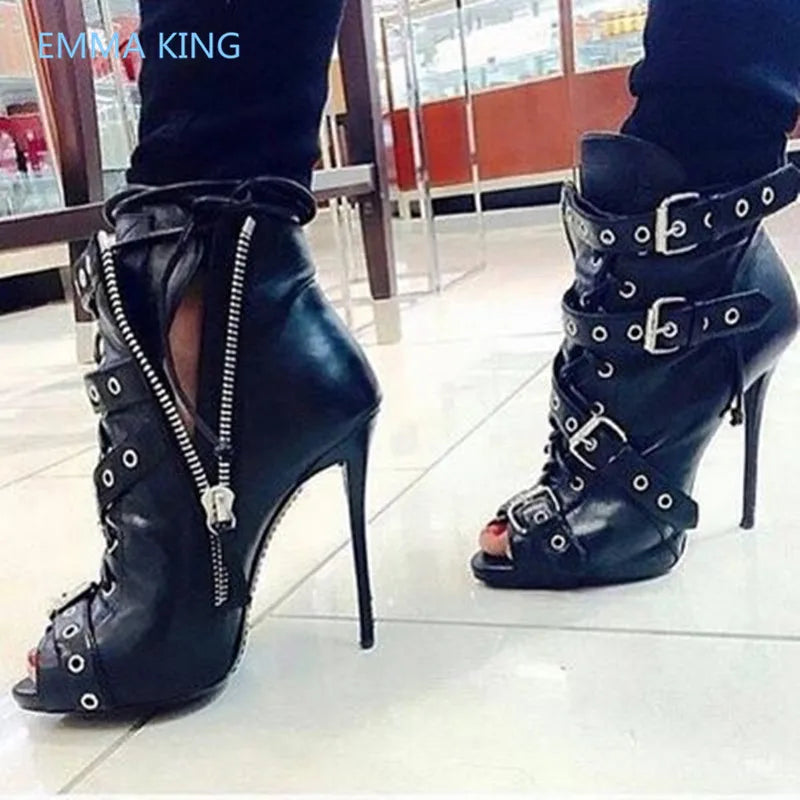 Black Leather Buckle Rivets Peep Toe Gothic Ankle Boots for Women
