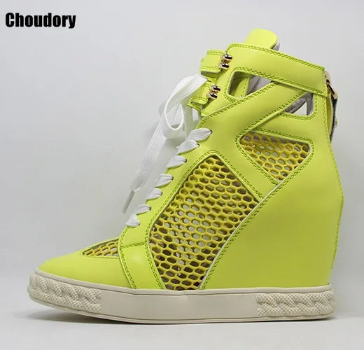 Lace Up Breathable Mesh Platform Wedge Shoes With Rivet Decoration For Women