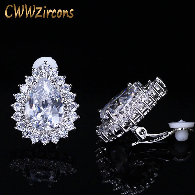 Large Teardrop Cubic Zirconia Clip On Earrings for Women