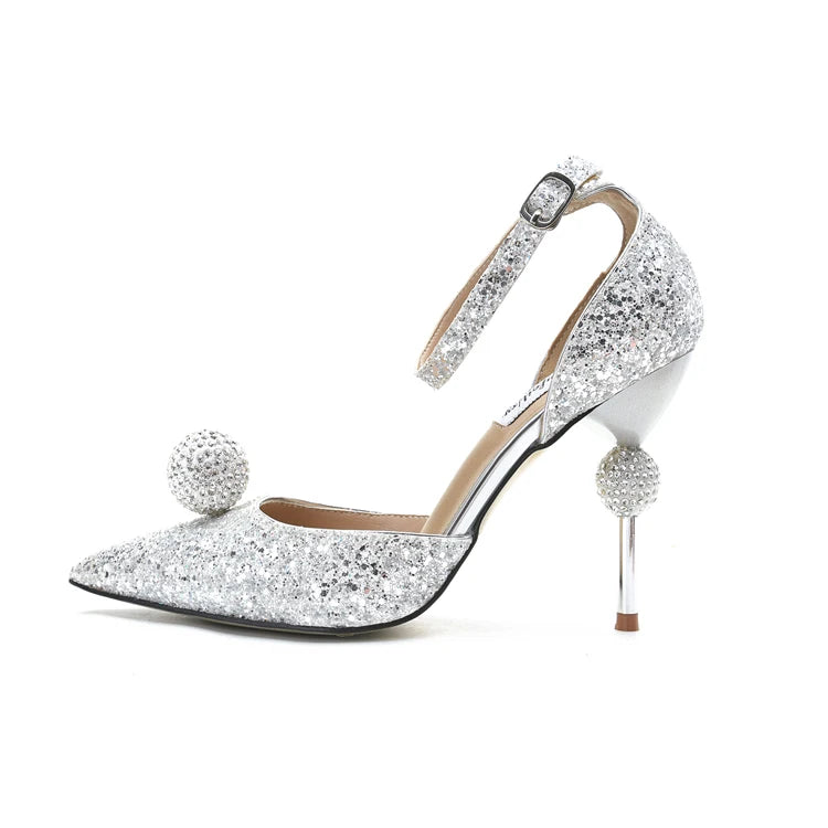 Bridal Crystal Ball Silver Pointed Toe Stiletto Heels For Women