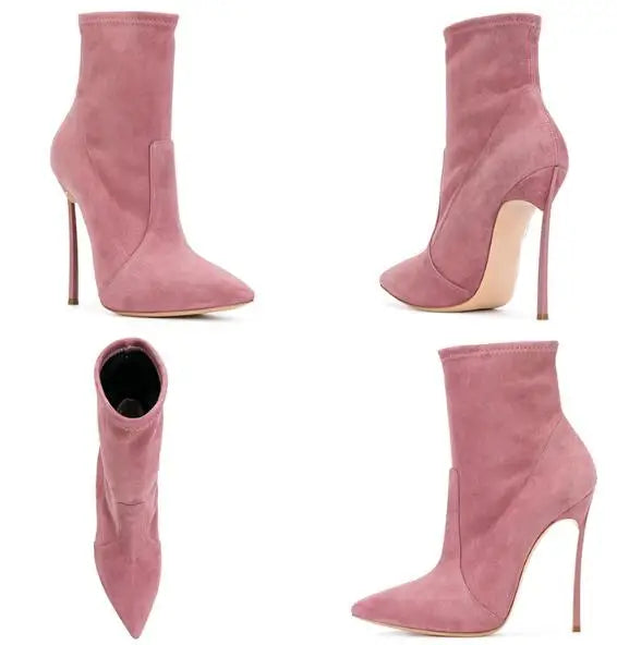 Spike High Heel Woman Ankle Boots Large Size Custom New Suede Pointed Toe High-Heeled Sexy Stretch Short Woman Boots