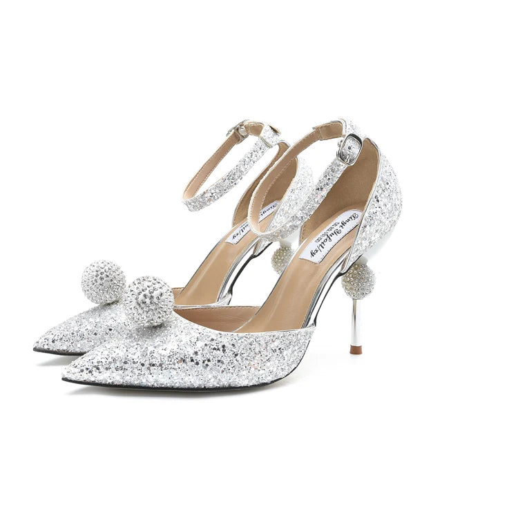 Bridal Crystal Ball Silver Pointed Toe Stiletto Heels For Women