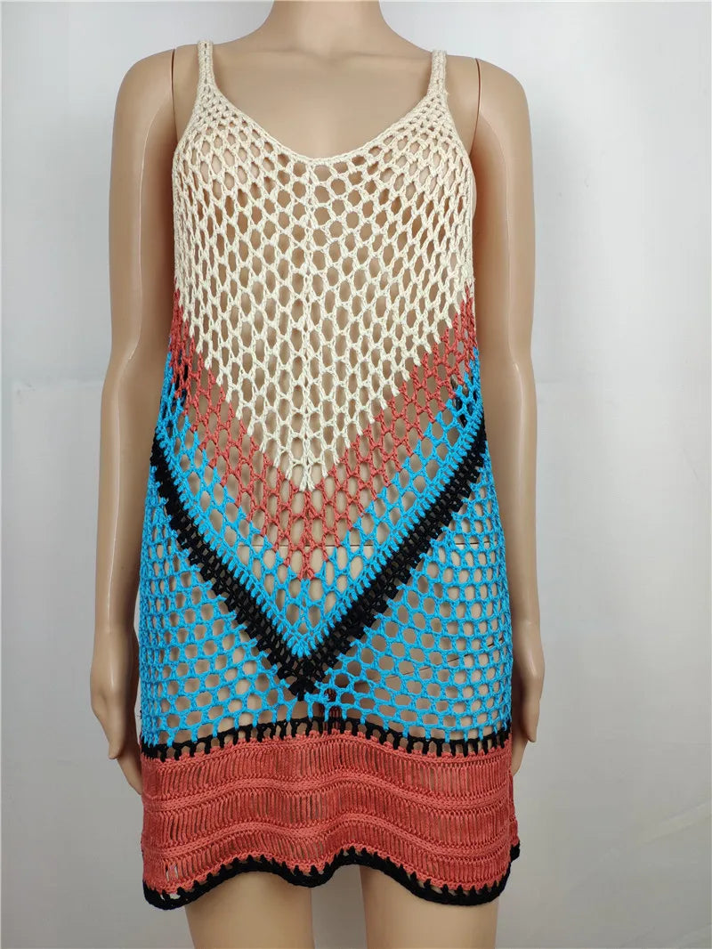 2025 Crochet Summer Beach Dress Cover Up Sexy Hollow Out Mesh Knitted Tunic Swimsuit Coverup Womens Beach Sarong Robe De Plage