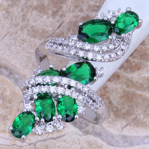 Green And White Cubic Zirconia Silver Plated Ring for Women