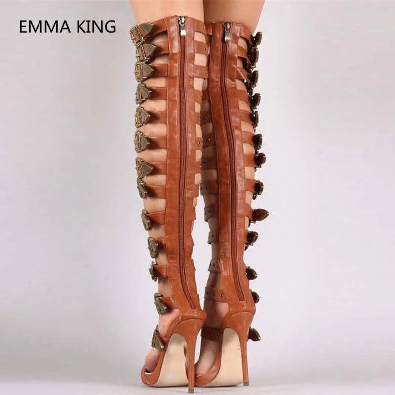 Thigh High Strappy Buckled Gladiator Sandals for Women
