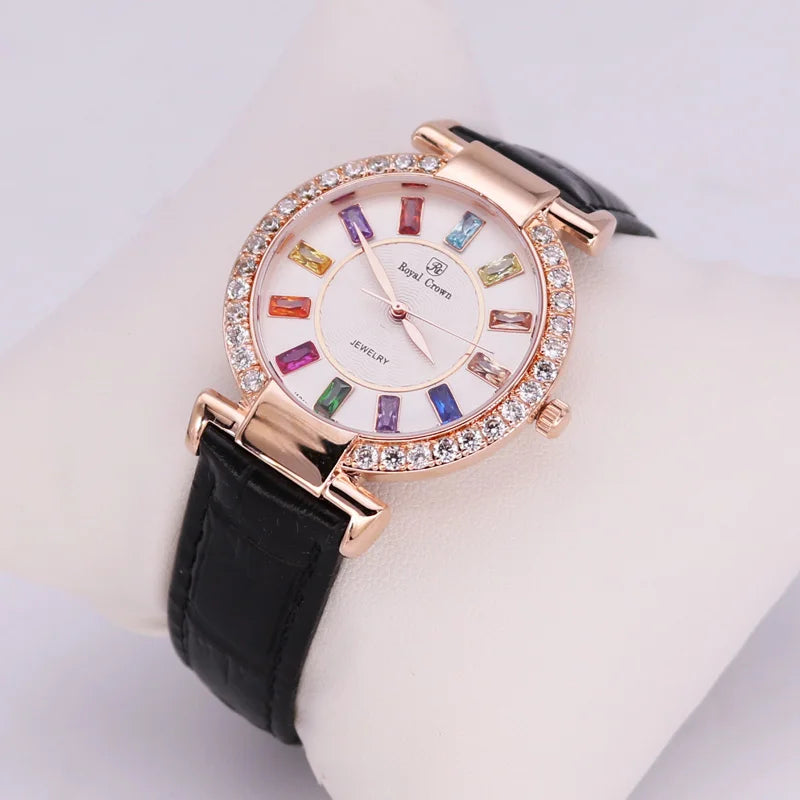 Prong Setting Luxury Clock Lady Women's Watch Fashion Hours Bracelet Colorful Rhinestone Girl Birthday Gift Royal Crown Box