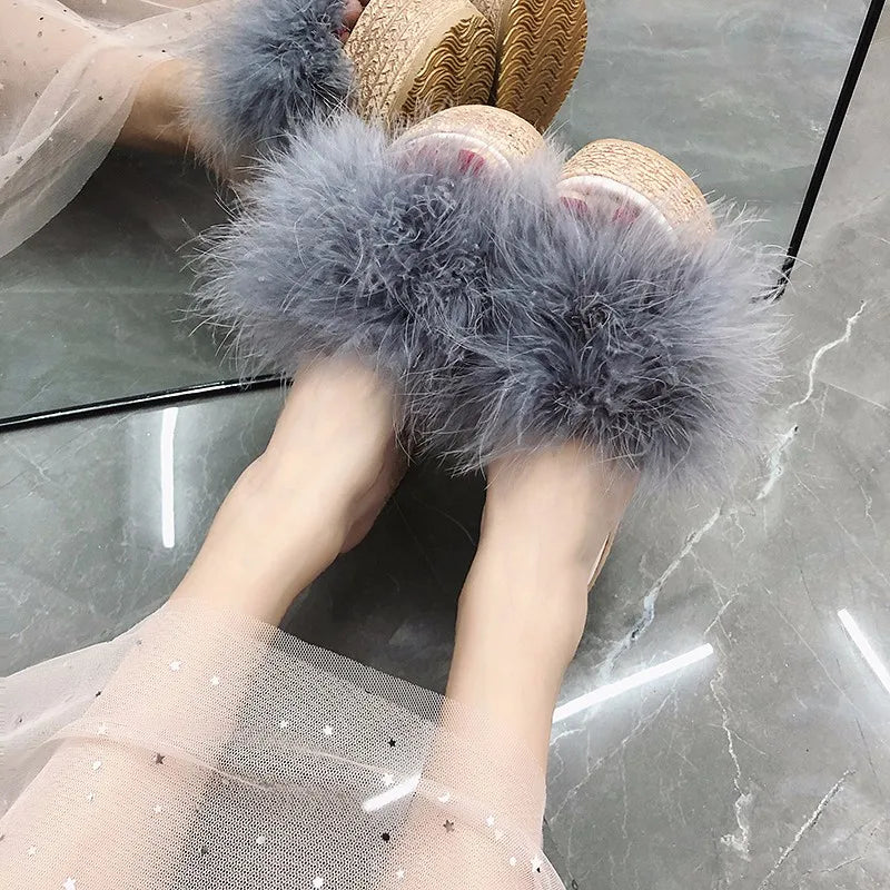 Plush Faux Fur Wedge Slide