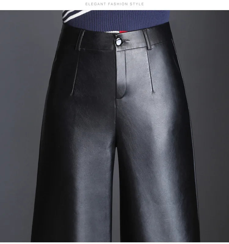 Pu wide leg pants capri women 2022 winter autumn high waist straight leather pants female trousers clothe pantalon femme