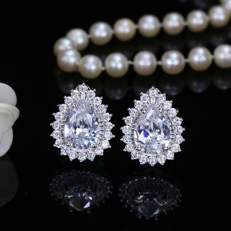 Large Teardrop Cubic Zirconia Clip On Earrings for Women