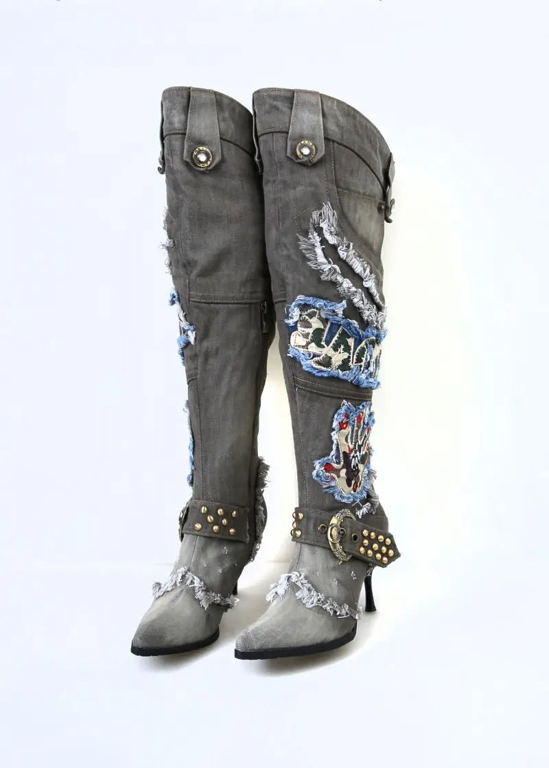 High Quality Women Wash Denim Beaded High Heel Knee Length Boots Thin Heel Motorcycle Jeans Boots Real Photo