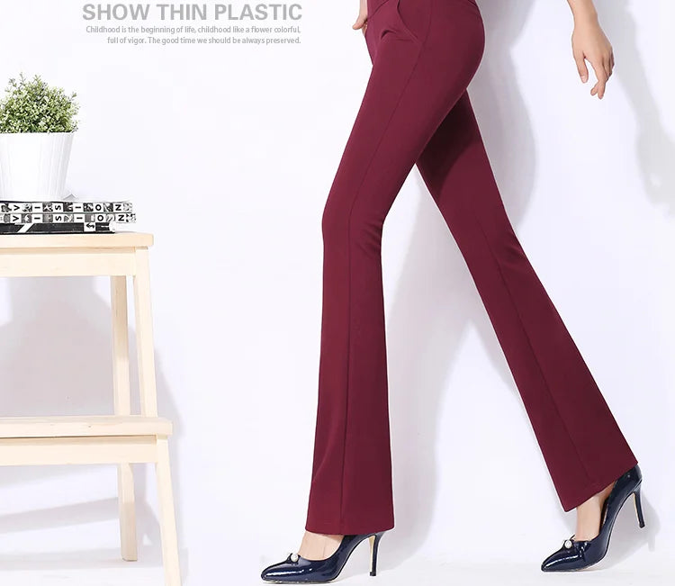 Vintage Office skinny Women Pants Trousers Zipper High Waist Pocket Flare pants formal OL Office Career Capris Work Wear Black