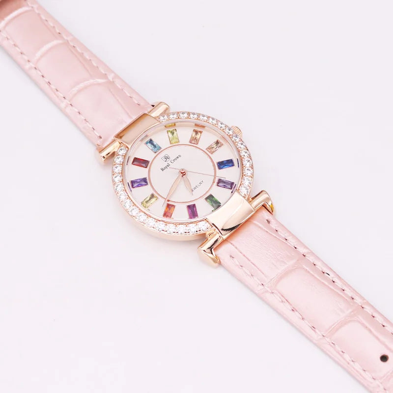 Prong Setting Luxury Clock Lady Women's Watch Fashion Hours Bracelet Colorful Rhinestone Girl Birthday Gift Royal Crown Box