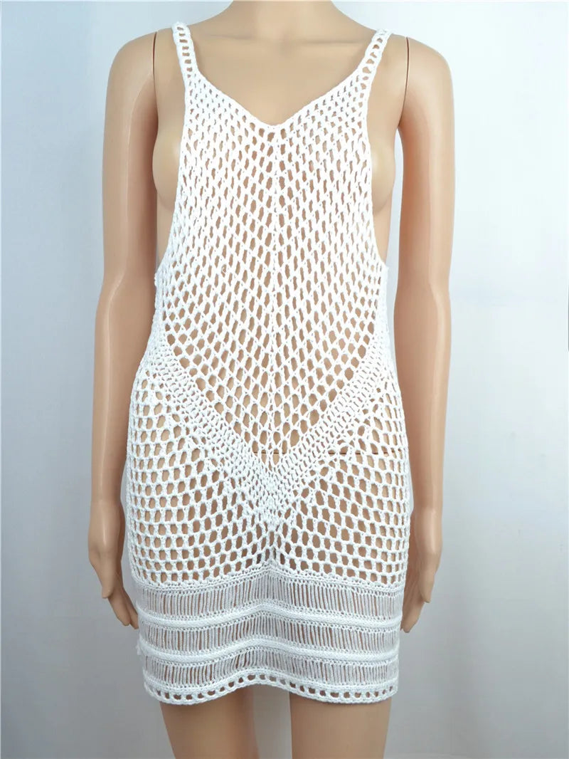 2025 Crochet Summer Beach Dress Cover Up Sexy Hollow Out Mesh Knitted Tunic Swimsuit Coverup Womens Beach Sarong Robe De Plage
