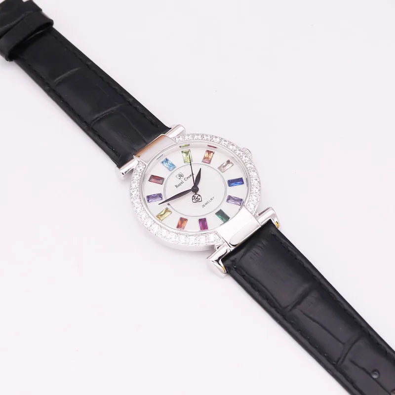 Prong Setting Luxury Clock Lady Women's Watch Fashion Hours Bracelet Colorful Rhinestone Girl Birthday Gift Royal Crown Box
