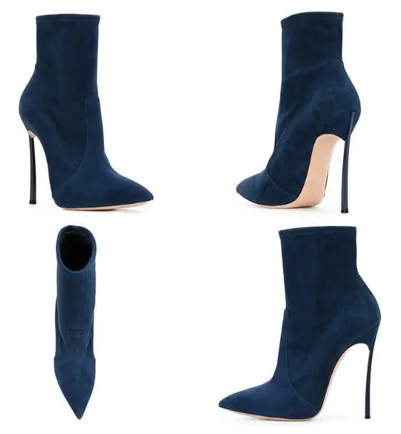 Spike High Heel Woman Ankle Boots Large Size Custom New Suede Pointed Toe High-Heeled Sexy Stretch Short Woman Boots