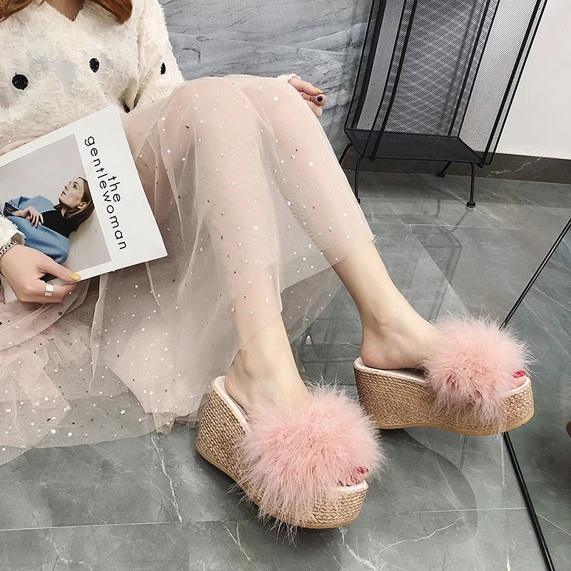 Plush Faux Fur Wedge Slide