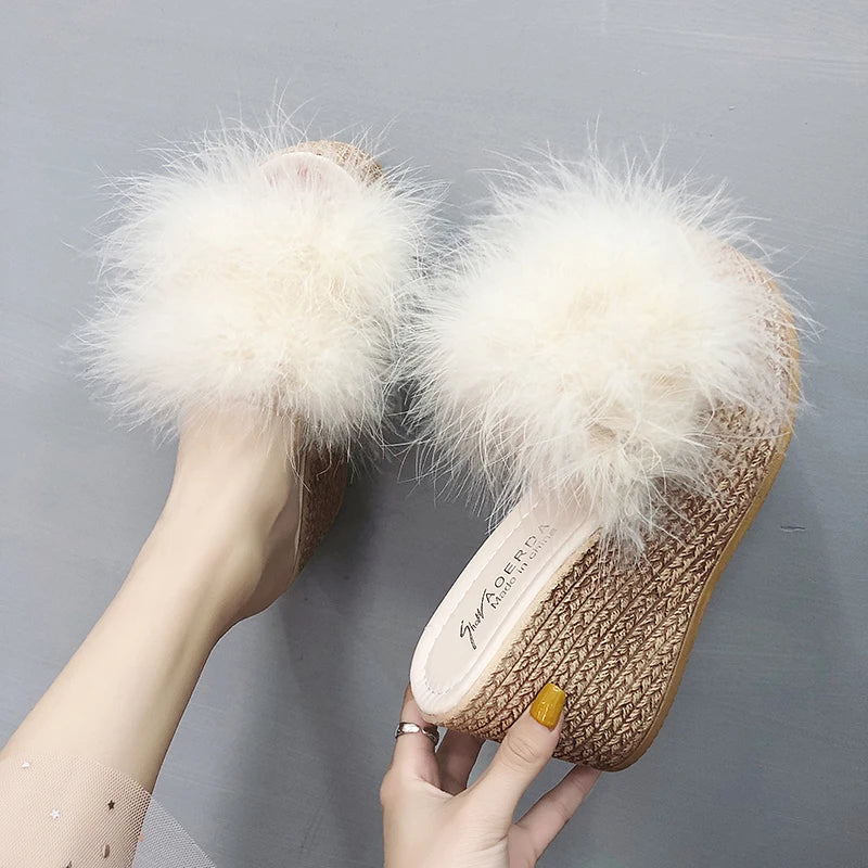 Plush Faux Fur Wedge Slide