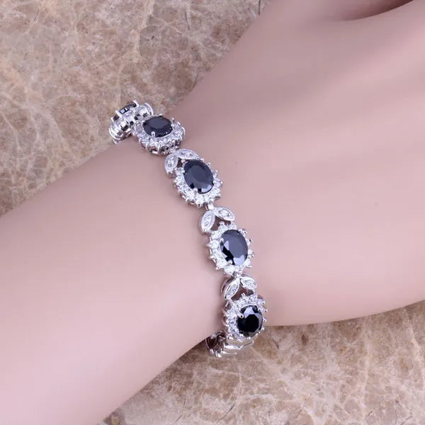 Black Cubic Zirconia Silver Plated Link Chain Bracelet for Women