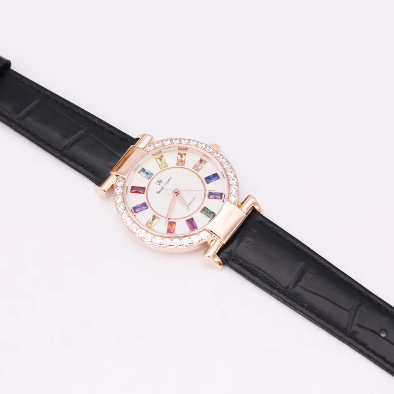Prong Setting Luxury Clock Lady Women's Watch Fashion Hours Bracelet Colorful Rhinestone Girl Birthday Gift Royal Crown Box