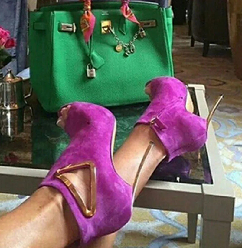 Purple Suede Peep Toe Cut Out Ankle Boots With Gold Heel for Women