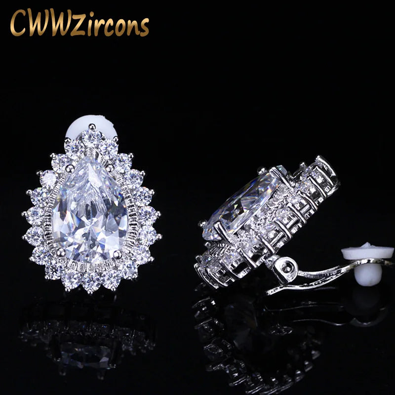 Large Teardrop Cubic Zirconia Clip On Earrings for Women