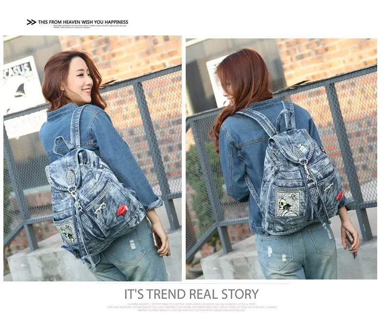 Large Denim Anti Theft Casual Travel Backpack for Women