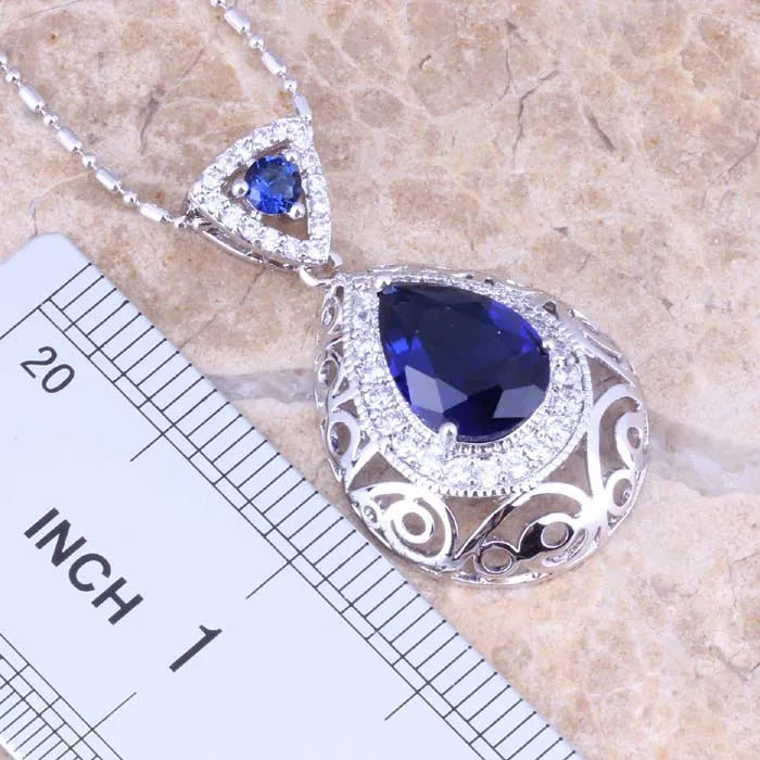 Blue Cubic Zirconia Silver Plated Necklace and Earrings Set for Women