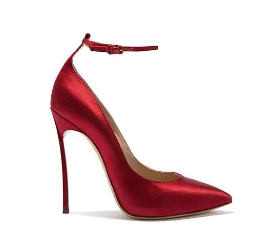 Champagne Silk Pointed Toe Stiletto Pumps With Ankle Strap for Women