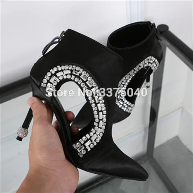 New Black Pointed Toe Women Ankle Boots Hollow Out Rhinestone Summer Boots High Heels Crystal Pointed Toe Black Women Boots