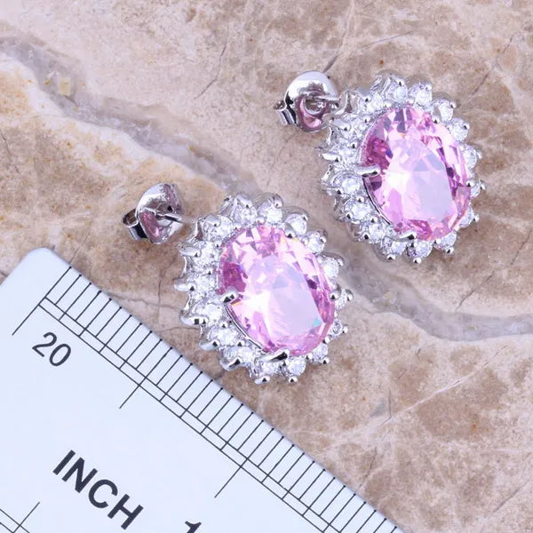 Pink Cubic Zirconia Necklace, Earrings, and Ring Set for Women