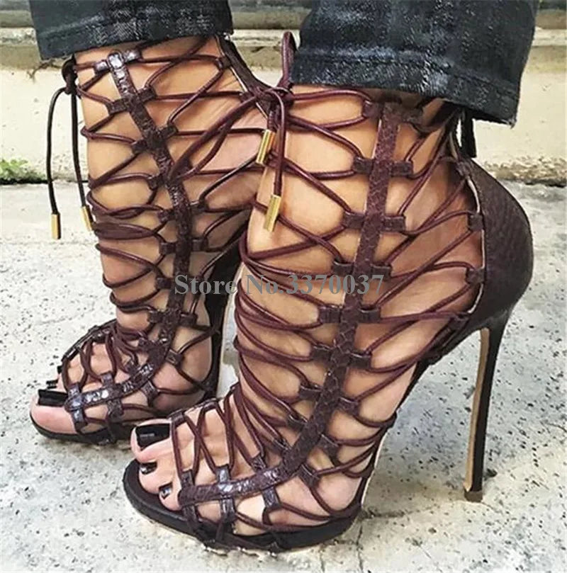 Brown Snakeskin Open Toe Cross Lace Up Stiletto Gladiator Sandals For Women