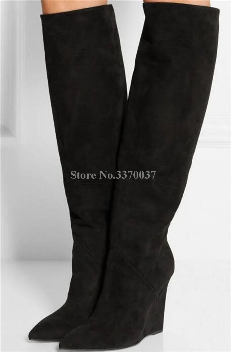 Pointed Toe Suede Winter Knee High Wedge Boots for Women