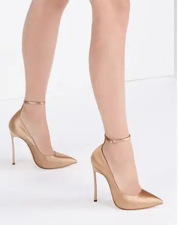 Champagne Silk Pointed Toe Stiletto Pumps With Ankle Strap for Women