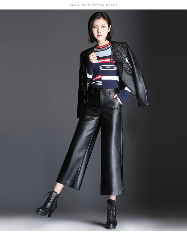 Pu wide leg pants capri women 2022 winter autumn high waist straight leather pants female trousers clothe pantalon femme