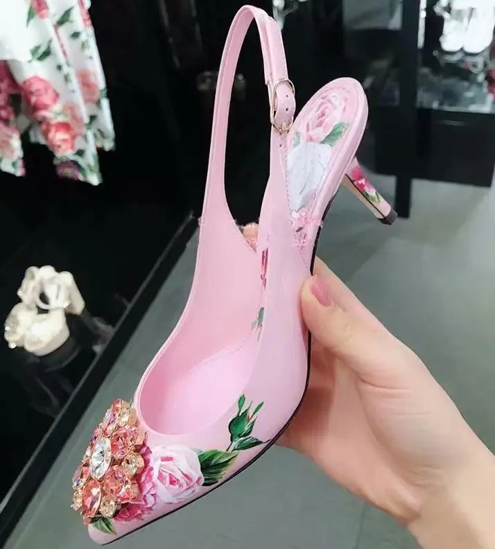 Elegant Pink Floral Rhinestone Slingback Wedding High Heels Pumps for Women