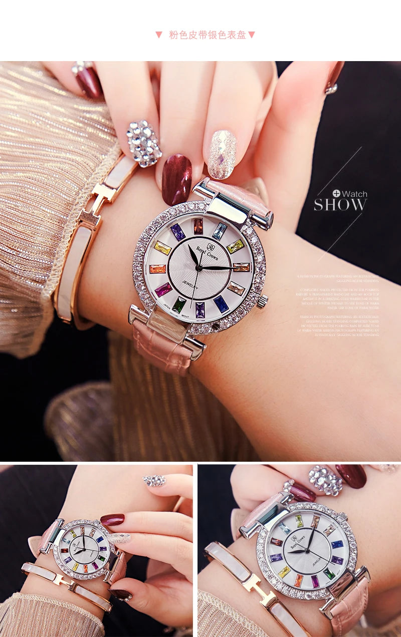 Prong Setting Luxury Clock Lady Women's Watch Fashion Hours Bracelet Colorful Rhinestone Girl Birthday Gift Royal Crown Box