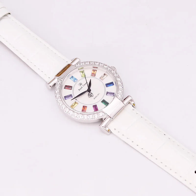 Prong Setting Luxury Clock Lady Women's Watch Fashion Hours Bracelet Colorful Rhinestone Girl Birthday Gift Royal Crown Box