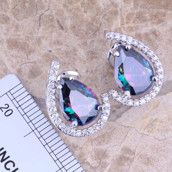 Rainbow Mystic CZ Jewelry Set with Earrings, Pendant, and Ring for Women